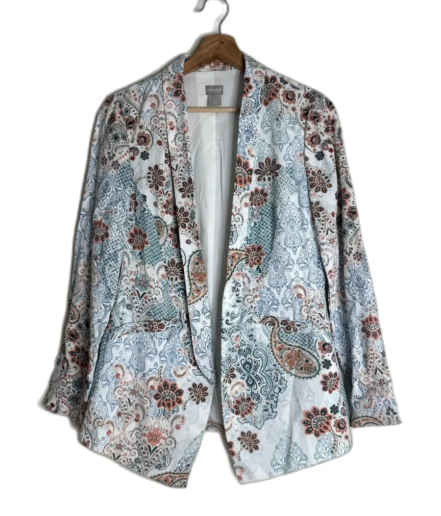 Chico's Blazer Womens 0 4/6 Multicolor Paisley Lyocell Lined Printed Pockets