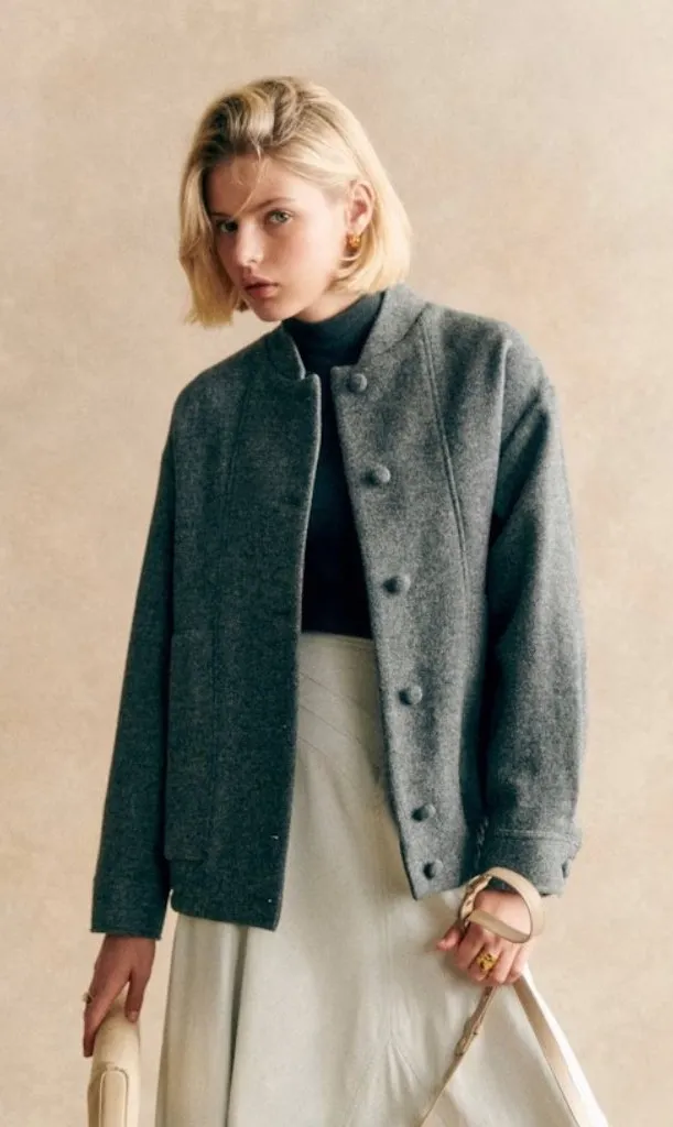 NWT Sezane Ryler in Grey Virgin Wool Bomber Jacket 34 / 2