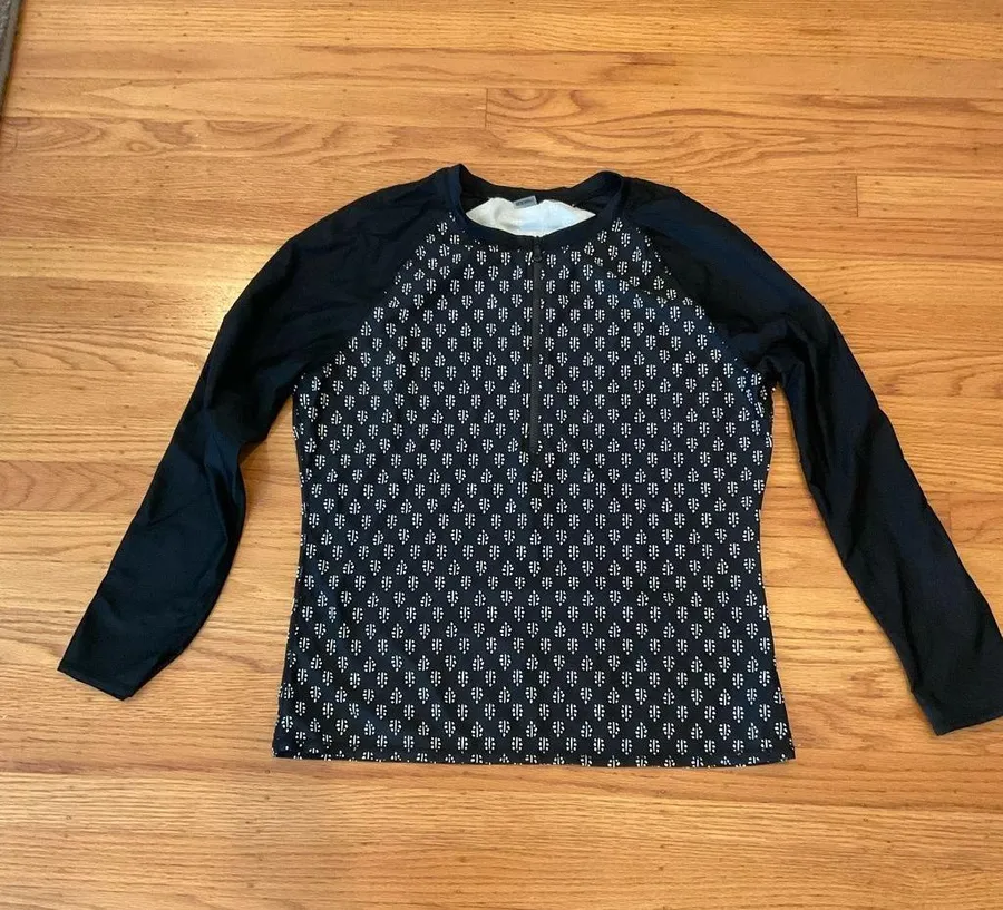 Old Navy Black Zip-Front Swim Top with White Geometric Print