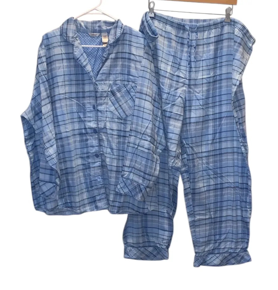 Adonna Woman 3X Cotton Blue Plaid Button Down Pant Pajama Set