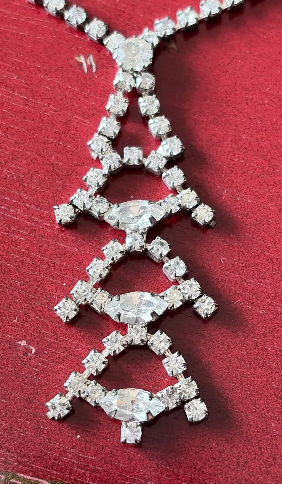 Vintage Rhinestone Geometric Pendant Necklace Stacked Lozenge Drop 14" Prom 50s Silver