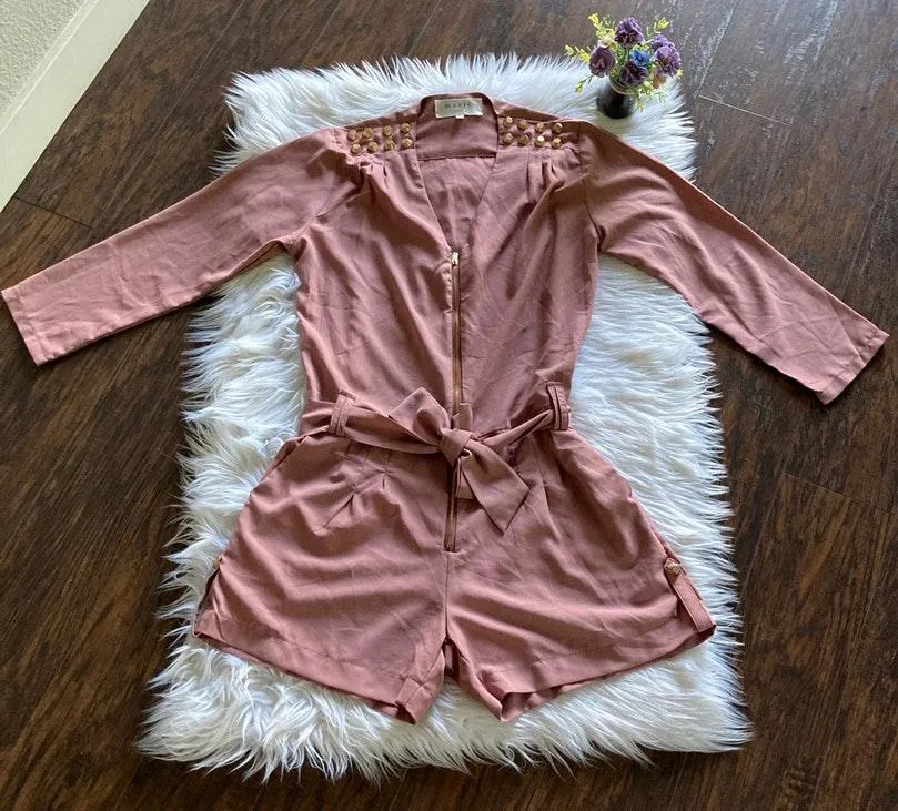 Marie Dusty Rose Studded Long Sleeve Romper Pink