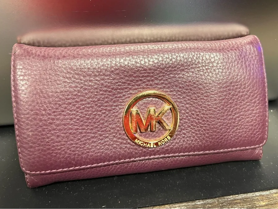 Michael Kors Fulton Flap Wallet Plum Purple Pebbled Leather Gold Logo Large