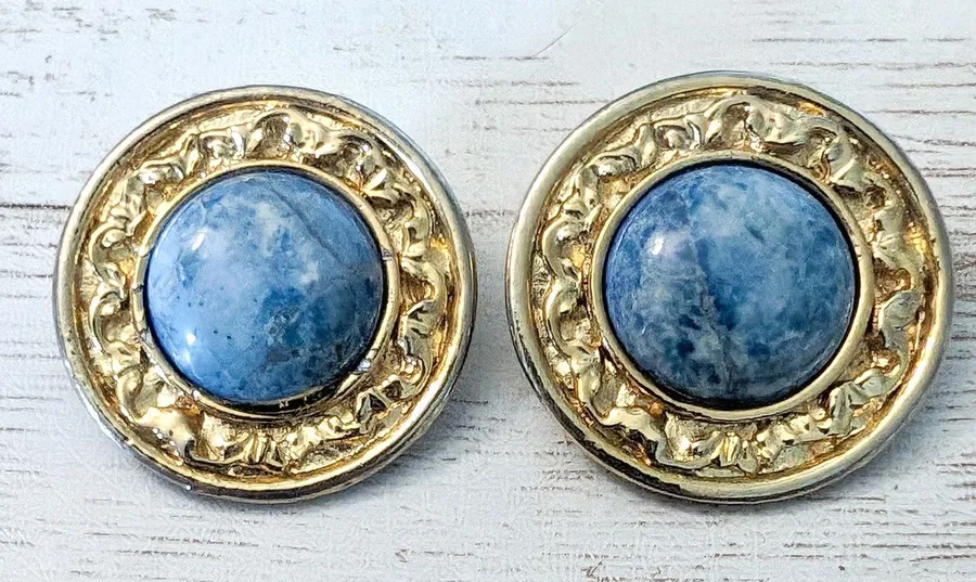 Vintage Clip On Earrings Large Blue Center with Gold Tone Ornate Halo 1 & 1/8"