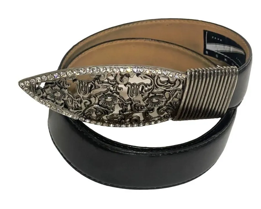 Sone Paris Runway Floral Rhinestone Buckle Belt Black Small
