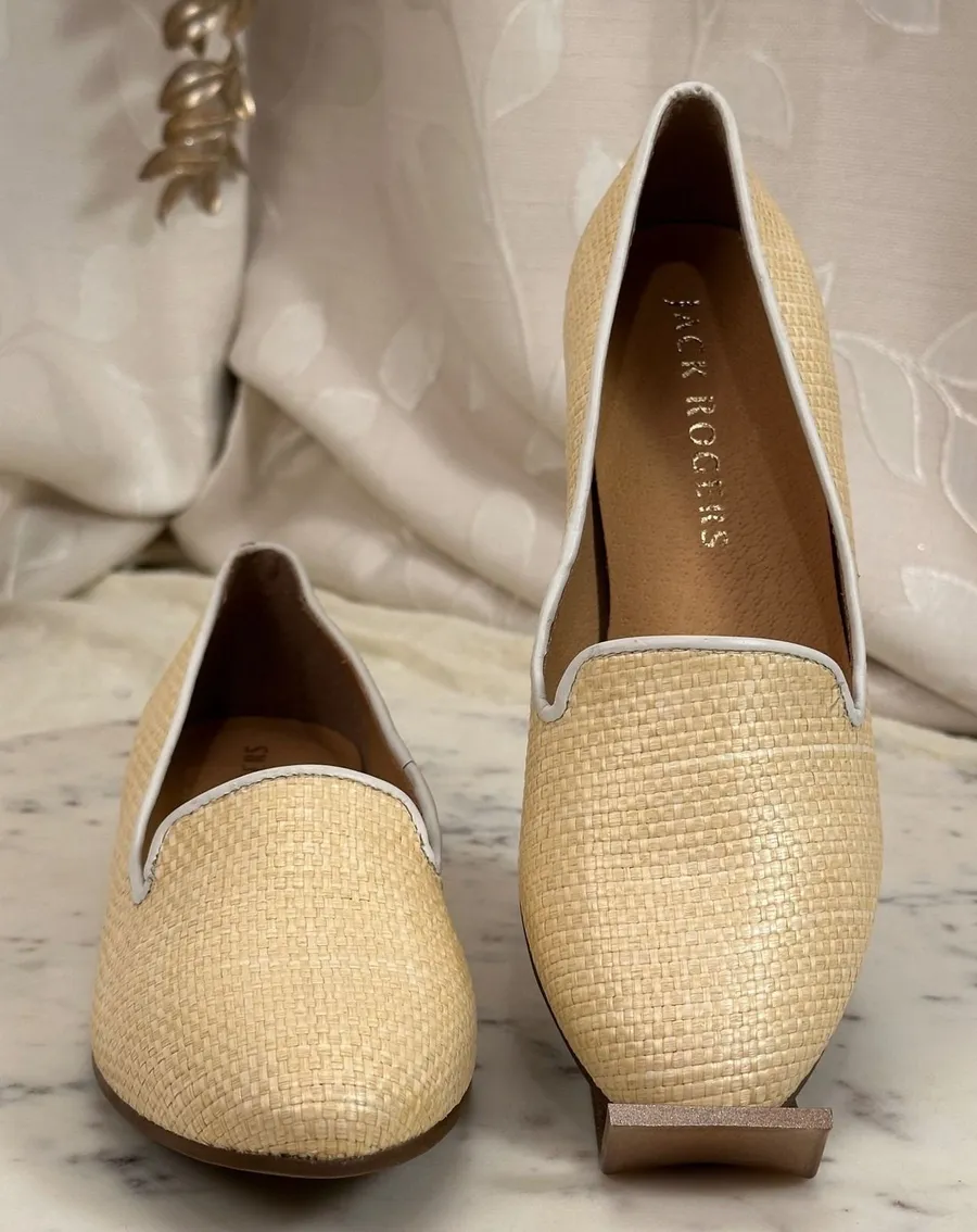 Jack Rogers Raffia Loafers Natural Beige White Piping Smoking Slipper Flats