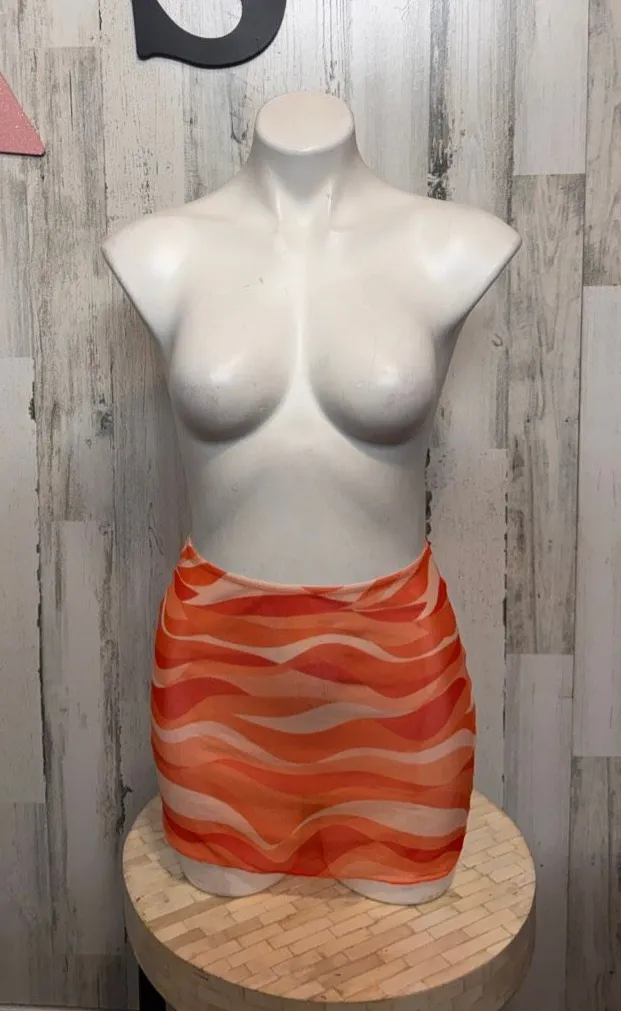 Retro Wave Sheer Mesh Mini Skirt Swim Cover Up Womens XS Orange Swirl