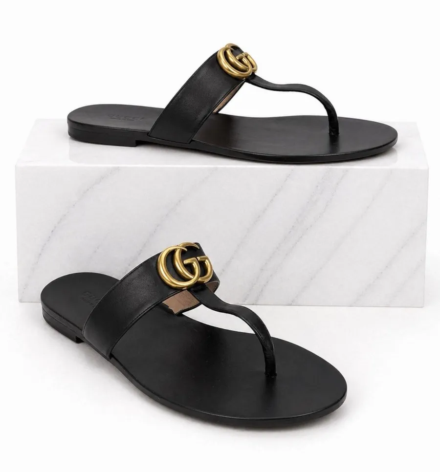 Gucci Black Leather Thong Sandal Gold Double G Logo Size 36.5