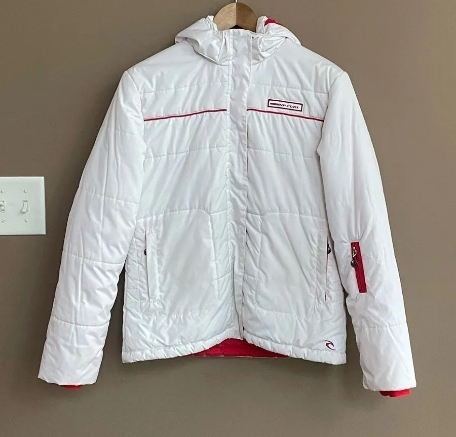 Rip curl Zip Up Puffer Snow Jacket in White Red Size Medium