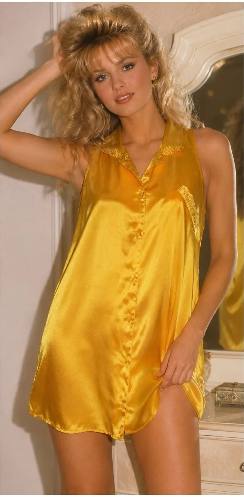 Vintage Stefanie Lingerie Slip Dress L Chemise Button Golden Yellow Hong Kong Size L