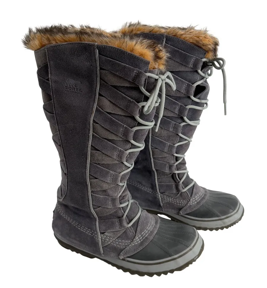 Sorel Tall Waterproof Winter Snow Boots Gray Faux Fur Womens 8