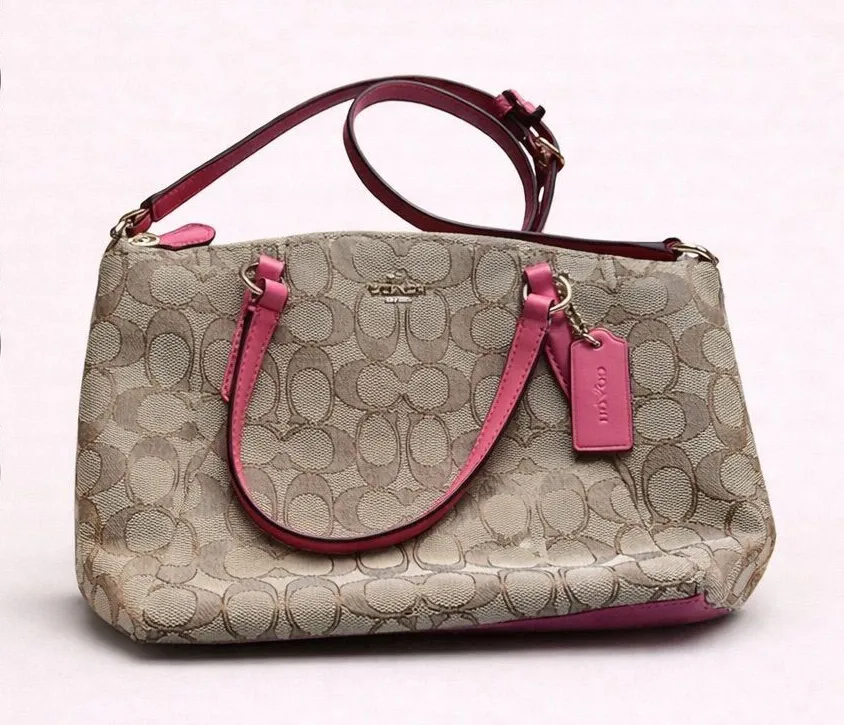 Coach F57830 Mini Bennett Satchel – Khaki Signature Canvas and Pink Leather