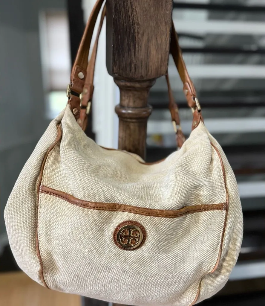 Tory Burch Shoulder Bag Canvas Leather Gold Logo Handbag Ladies Natural/Brown