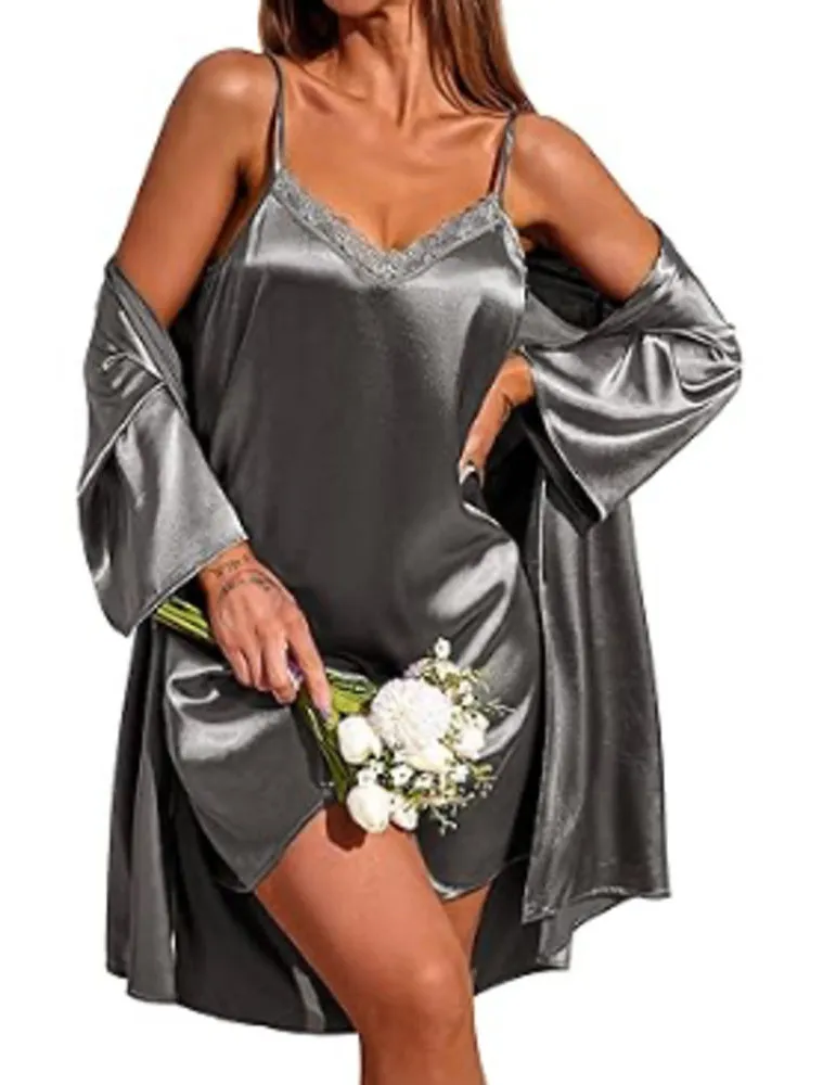 Ekouaer Satin Nightgown and Kimono Robe in Gray, Size S