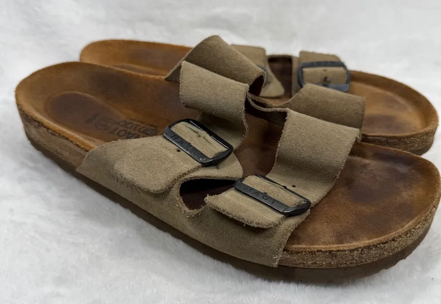 Naot Santa Barbara Suede Slide Sandals Taupe Tan Buckle Cork Footbed EU 39 US 8