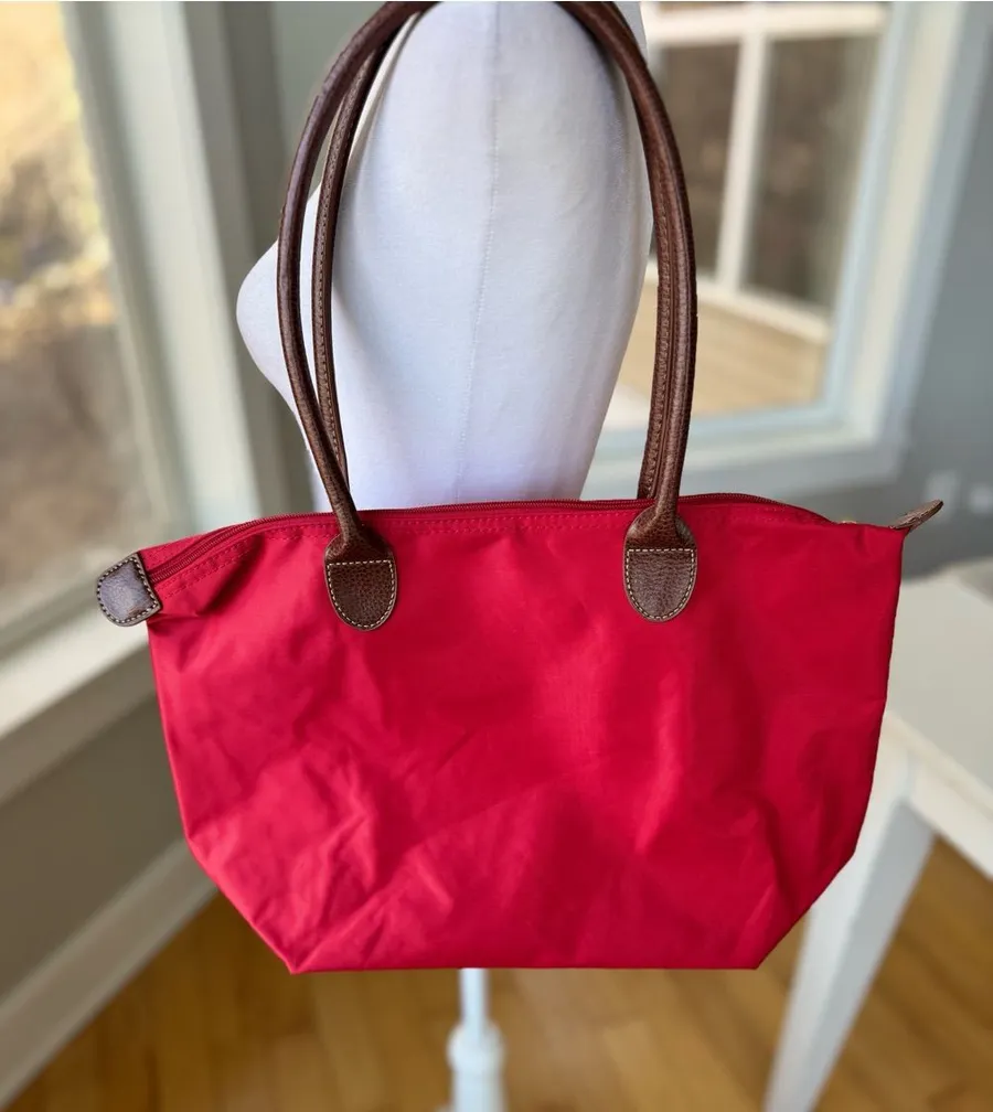Vintage Classic Preppy Red Nylon Zippered Tote Bag w Brown Leather Handles