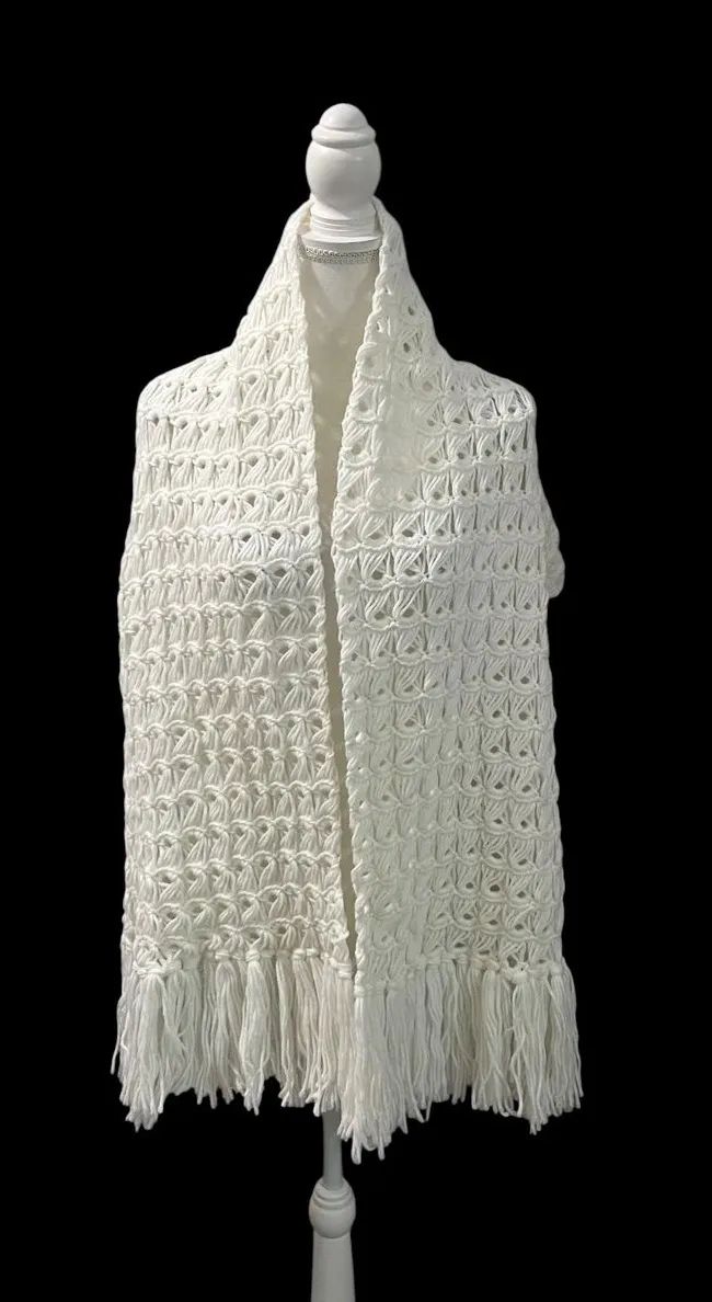 Vintage Hand Crochet Shawl Wrap Open Knit White Fringe