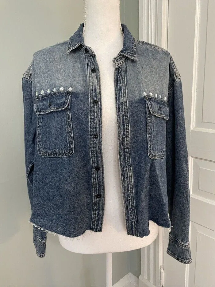 Rebecca Minkoff Jean Jacket Denim Shirt Crop Raw Hem Jewels Medium