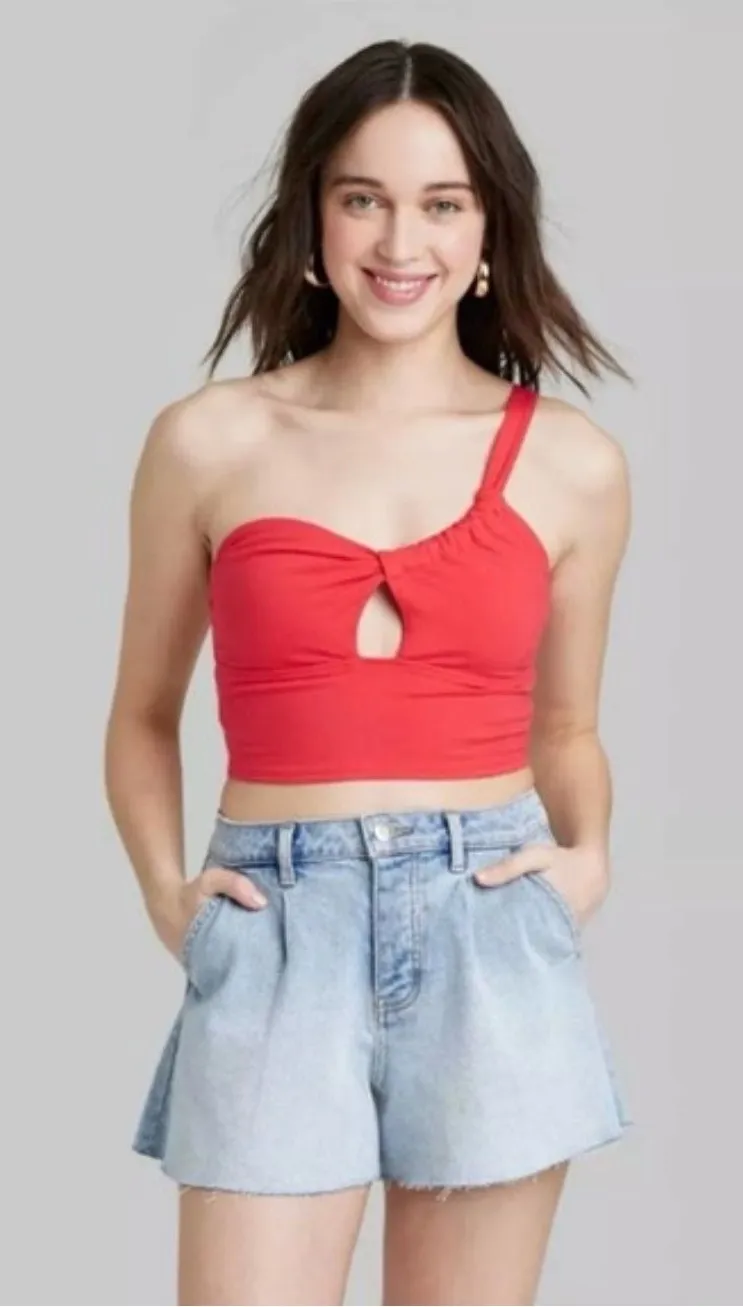 Red One Shoulder Adjustable Crop Top Ruched Asymmetrical Barbiecore Y2K Party S