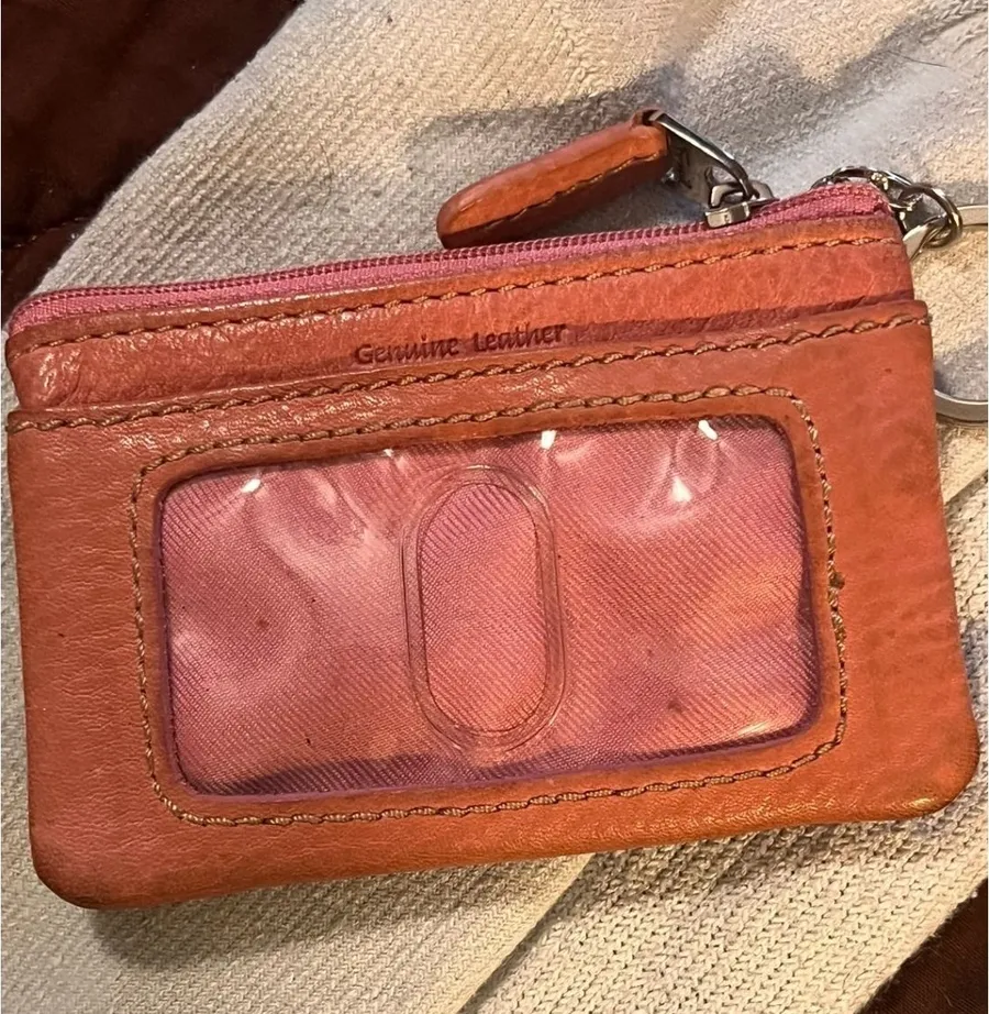 Fossil Genuine Leather Coral Pink ID Wallet Coin Purse Card Holder Key Ring