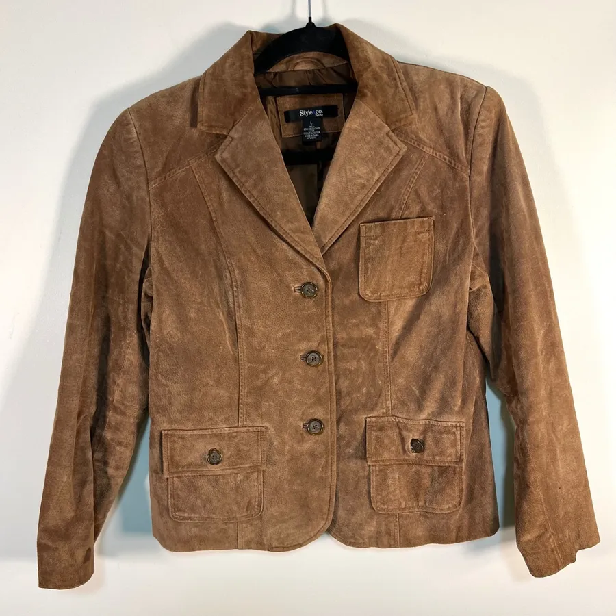 Style & Co Petite Brown Genuine Suede Leather Blazer Jacket Size Large Vintage