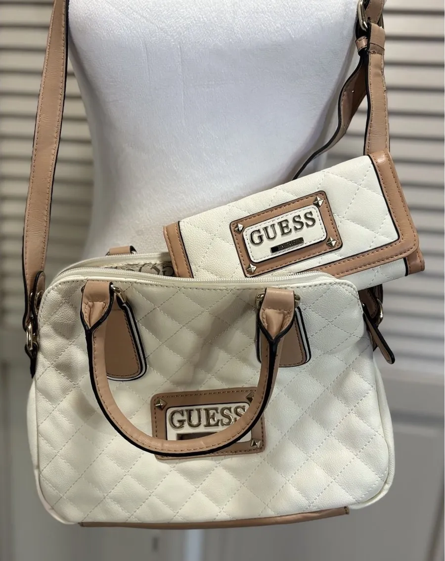 Guess Satchel Hand Bag Quilted Cream & Matching Wallet Set 2pc Logo Adj Strap