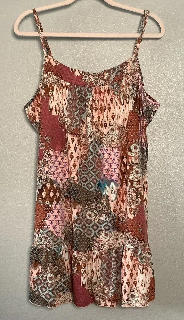 Colorful Earthy Patchwork Bohemian Boho Chic Artsy Buttery Soft Slip Dress 2X Brown