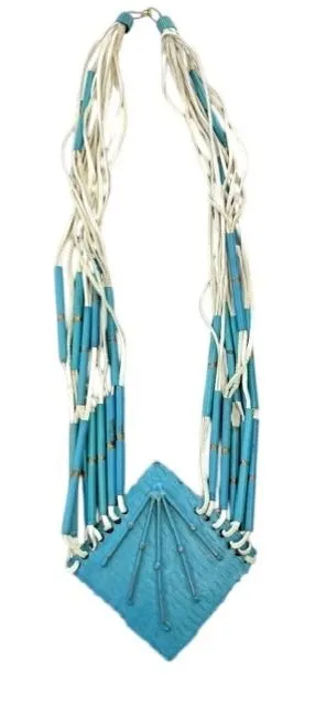 Vintage Turquoise Blue Multi Strand Statement Necklace Artisan Metal Pendant