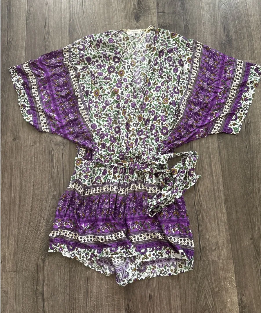 Umgee Womens 1XL Purple Floral Boho Kimono Sleeve Romper Surplice V-Neck
