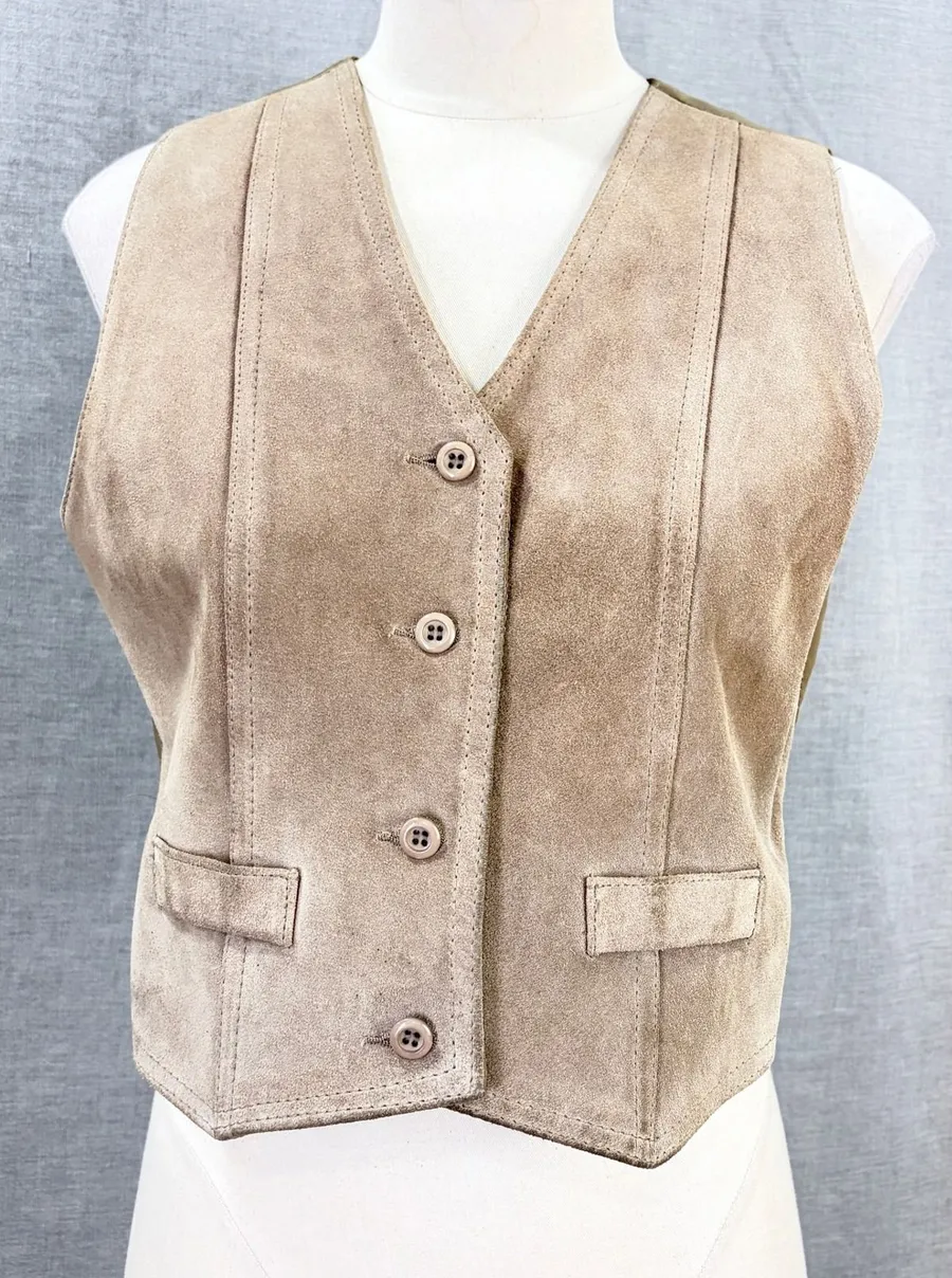 Vintage 70s Sears JR Bazaar Tan Suede Leather Vest Women's L Western Boho Size L