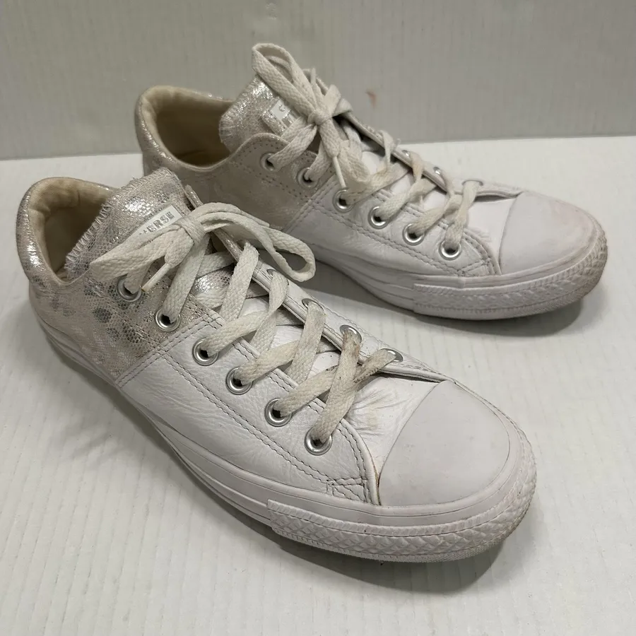 Converse One Star Shoes Womens 9 White Leather Animal Print Glitter Sneakers