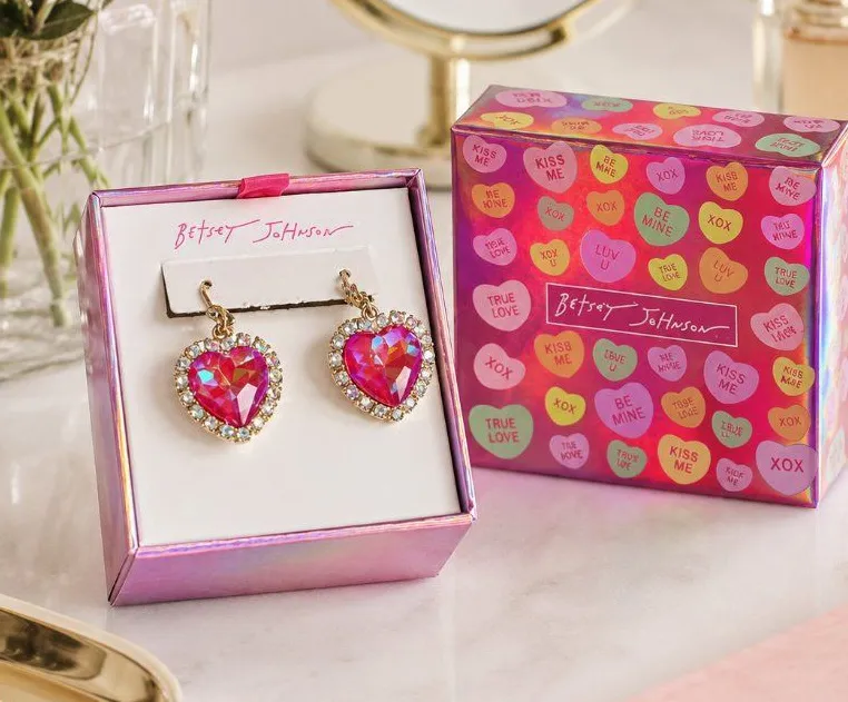 Betsey Johnson Pink Heart Crystal Drop Earrings Gift Box NWT