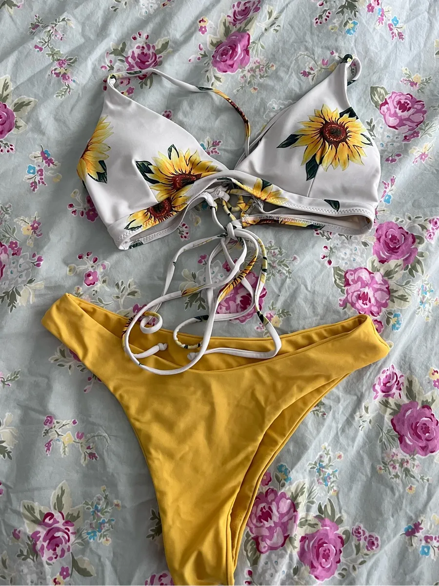 Sunflower Print Lace-Up Bikini Top with Mustard Bottoms