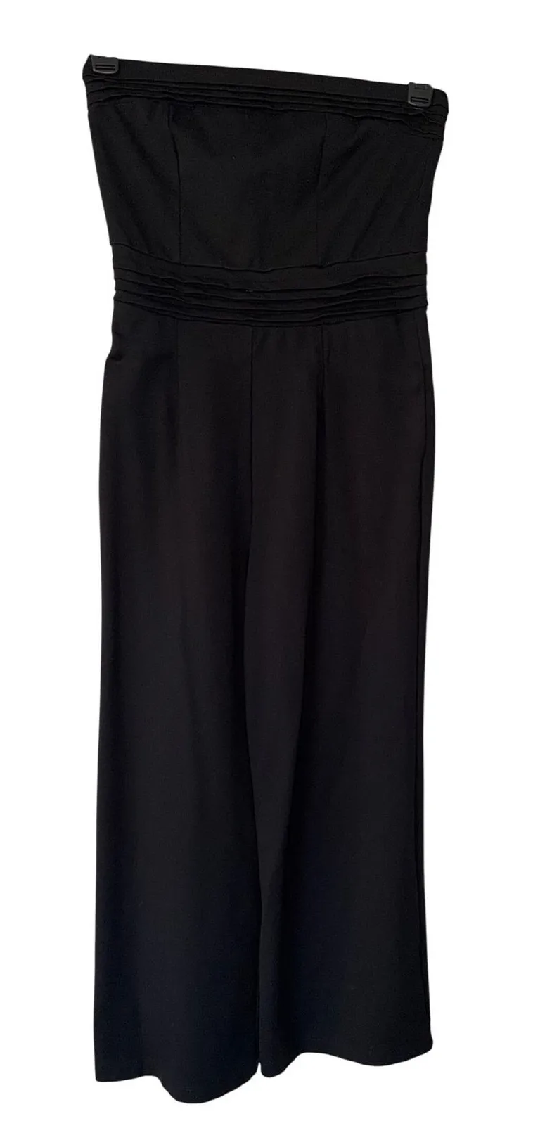 Peyton Jensen Black Strapless Wide Leg Jumpsuit Pleated Waist Stretch Size M