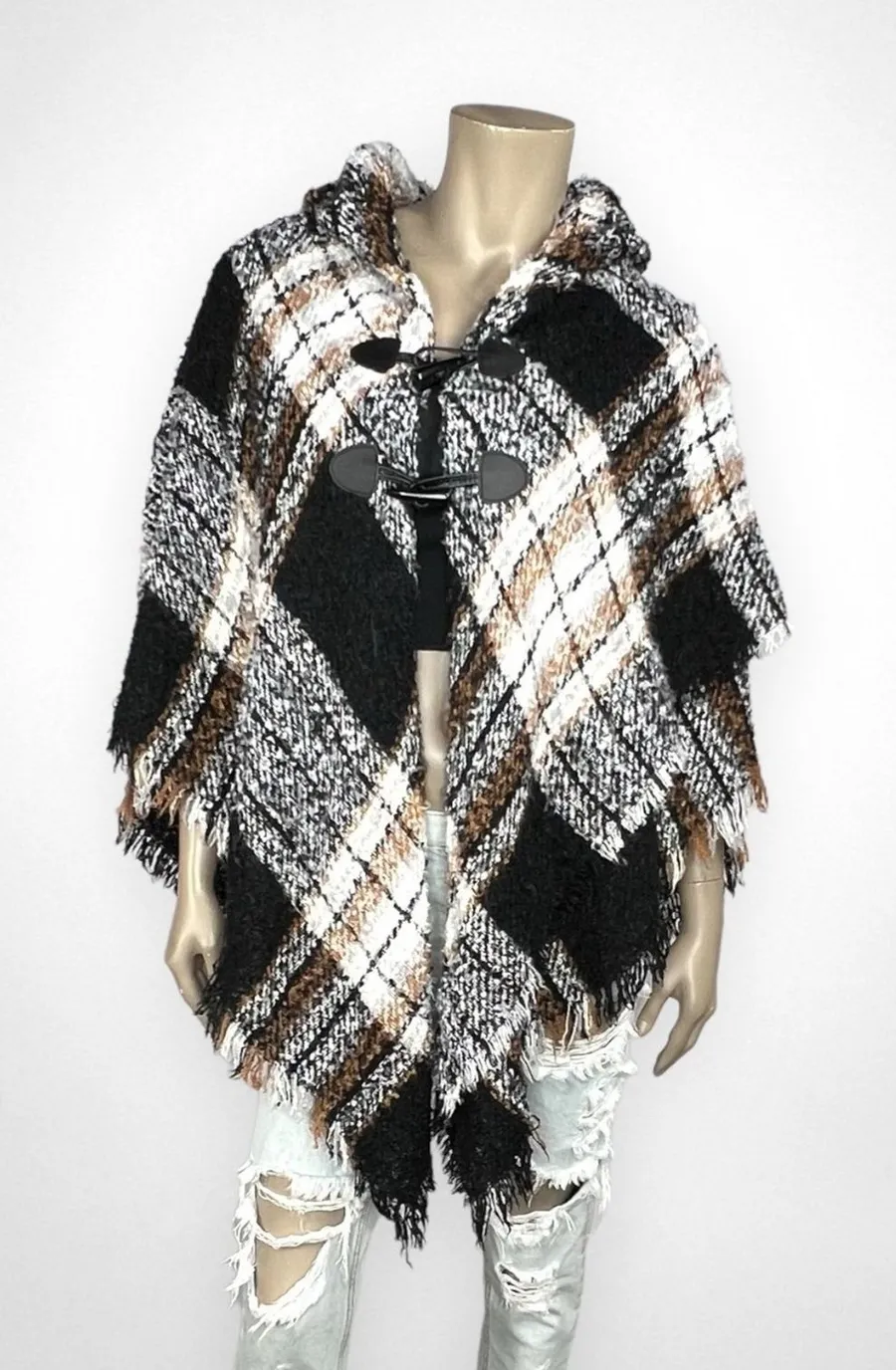 APT.9 London Plaid Toggle Ruana Poncho Cape Wrap Black Brown White Cozy OS