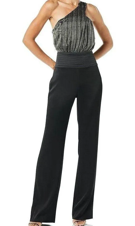 Ramy Brook Scarlett Black Jumpsuit Size 8 One Shoulder Satin Velvet Wide Leg