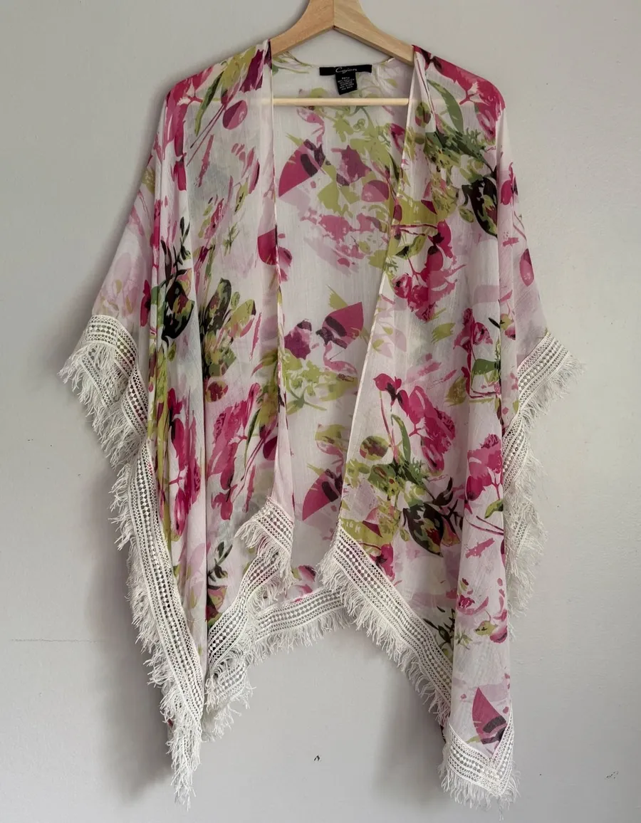 Cejon Floral Kimono Wrap Pink Green Lace Trim Fringe OSFM Open Front Cover Up Size undefined