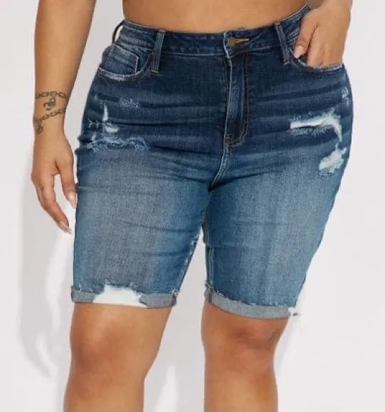 torrid Dark to Medium Wash Distressed Denim Bermuda Shorts
