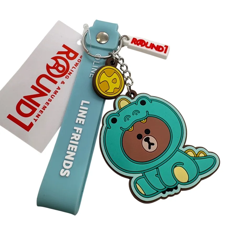 Line Friends Jungle Brown Dino PVC Keychain Round 1 Exclusive Blue Wristlet Tag