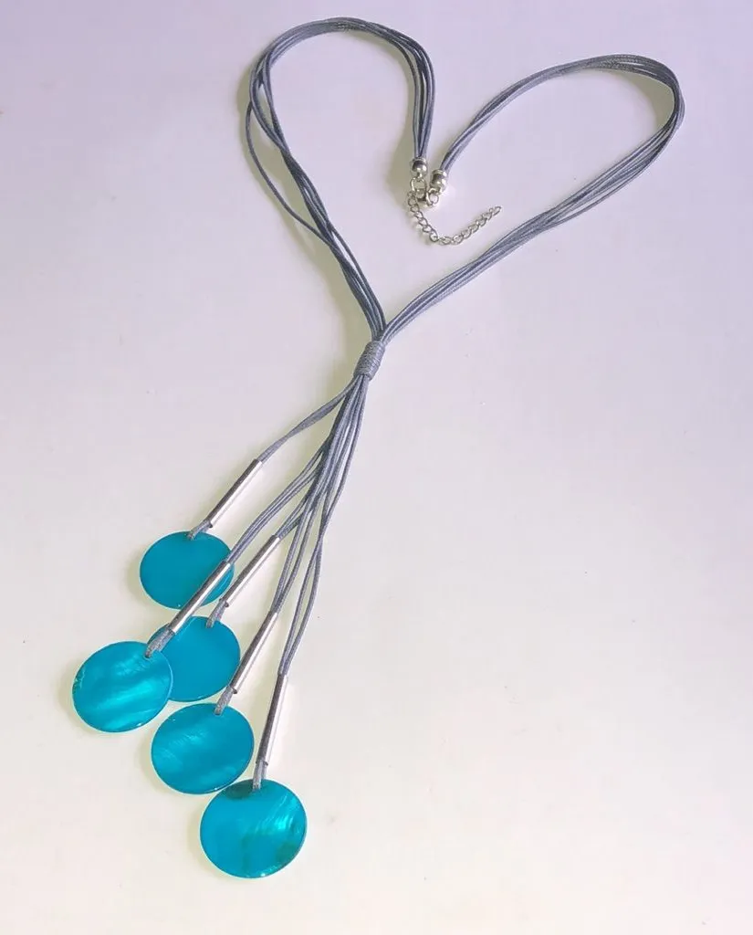Teal Disc Pendant Lariat Boho Necklace Blue