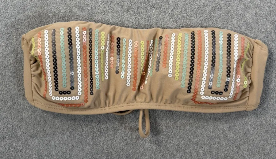 bar III Women's Small Tan Sequin Bandeau Bikini Swim Top Removable Pads Tie