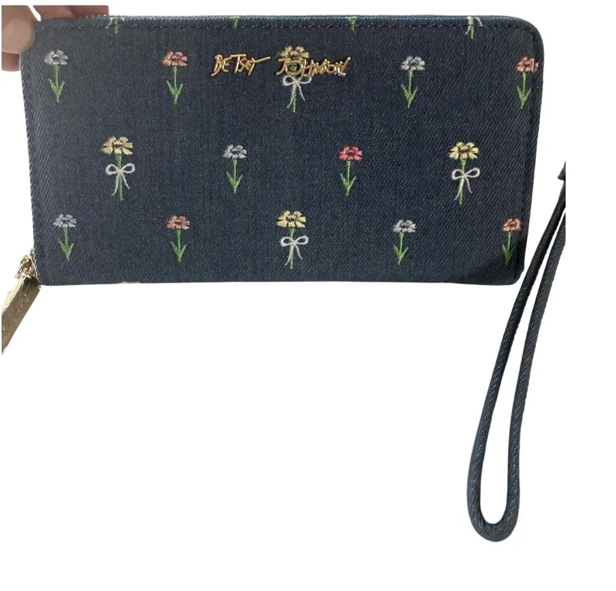 Betsey Johnson Denim Wallet Wristlet Floral Embroidered Y2K Kitschy Boho NWT