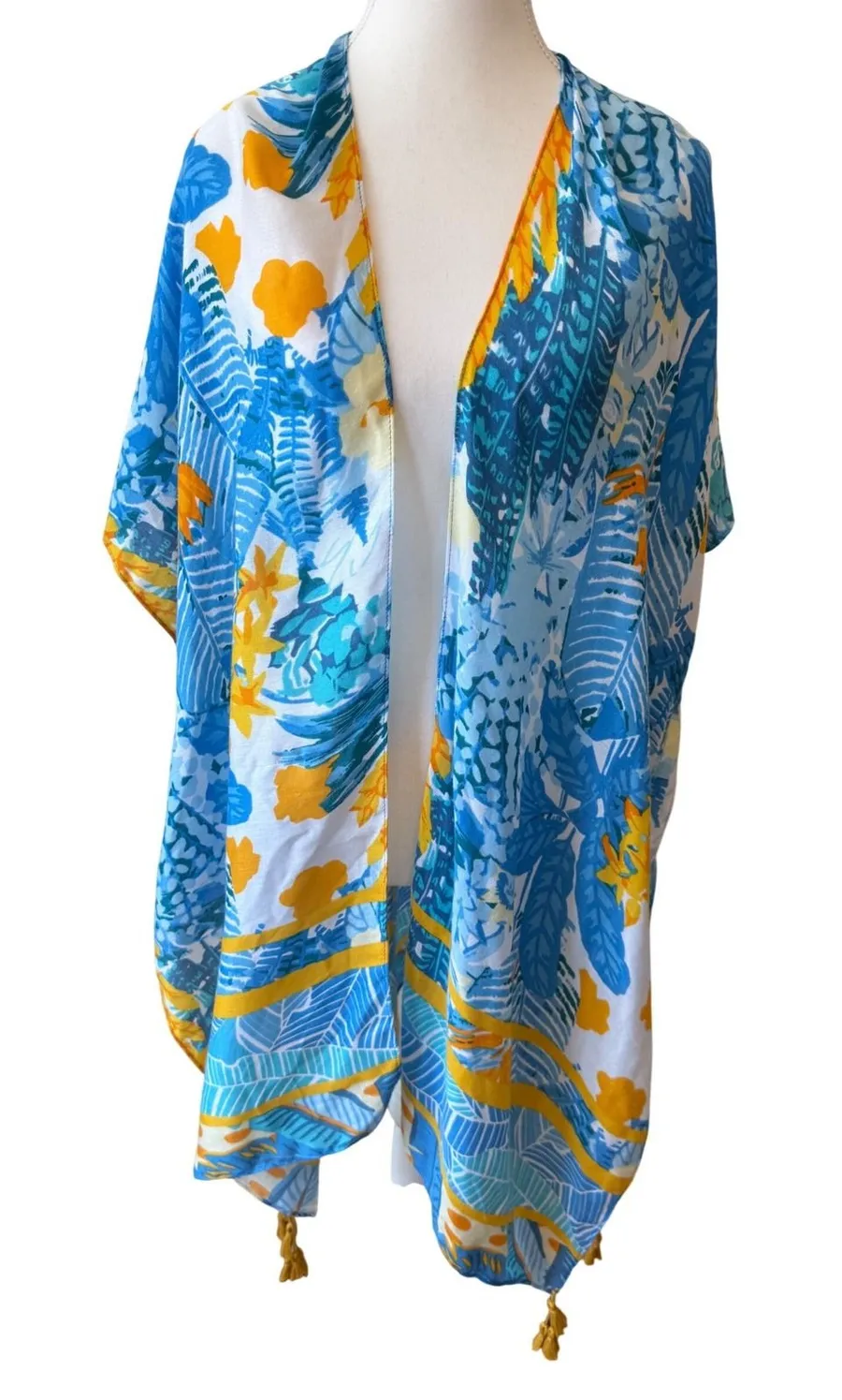 Tropical Floral Kimono Boho Blue Yellow Tassel One Size Beach Cruise Resort