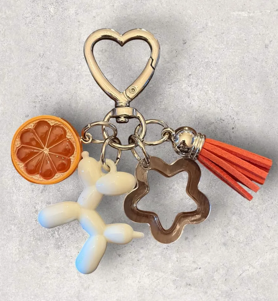 Heart Clip Keychain with Orange Slice, White Balloon Dog & Red Tassel