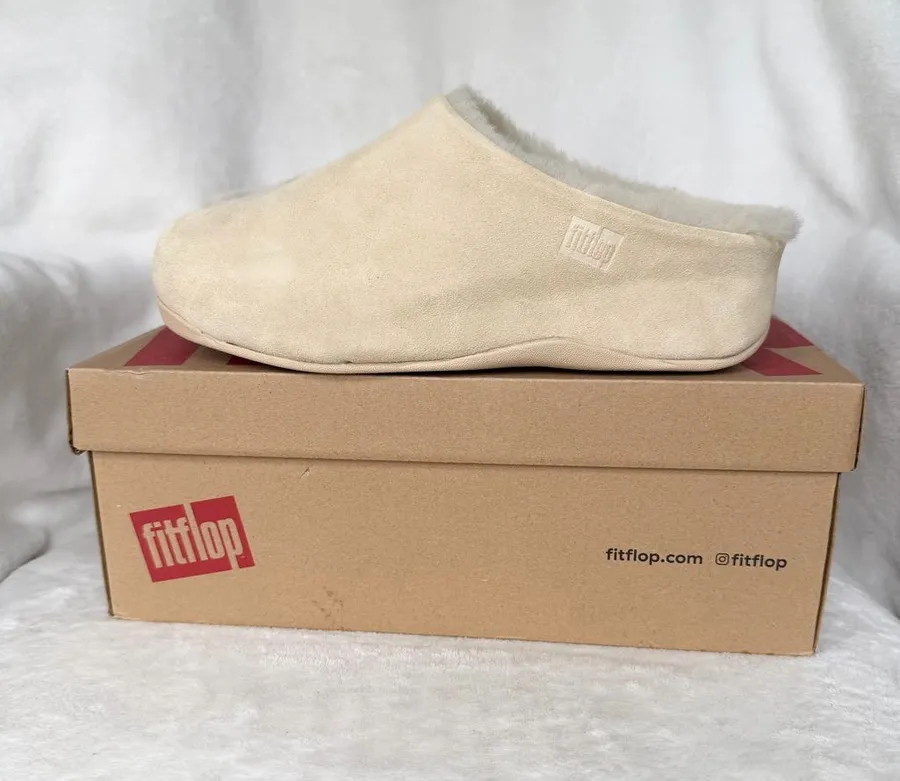 FitFlop Shuv Rose Cream Suede Shearling Lined Clog Slippers Mules Womens 7 Box