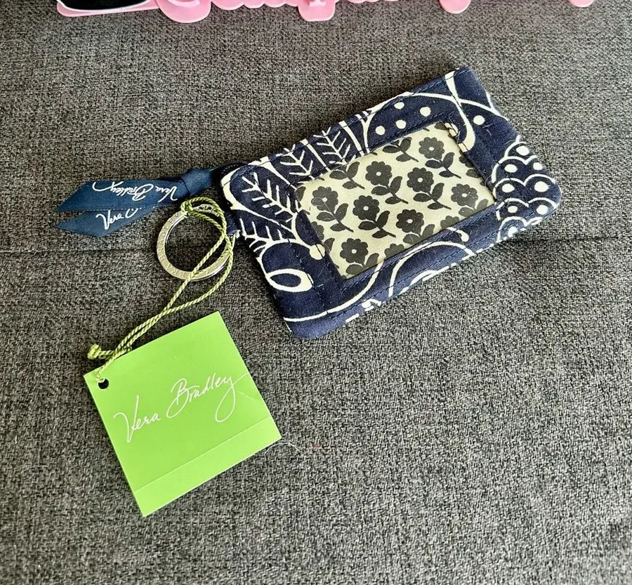 Vera Bradley Zip ID Case, Pouch, Key Ring, Twirly Birds (Retired) Navy, White