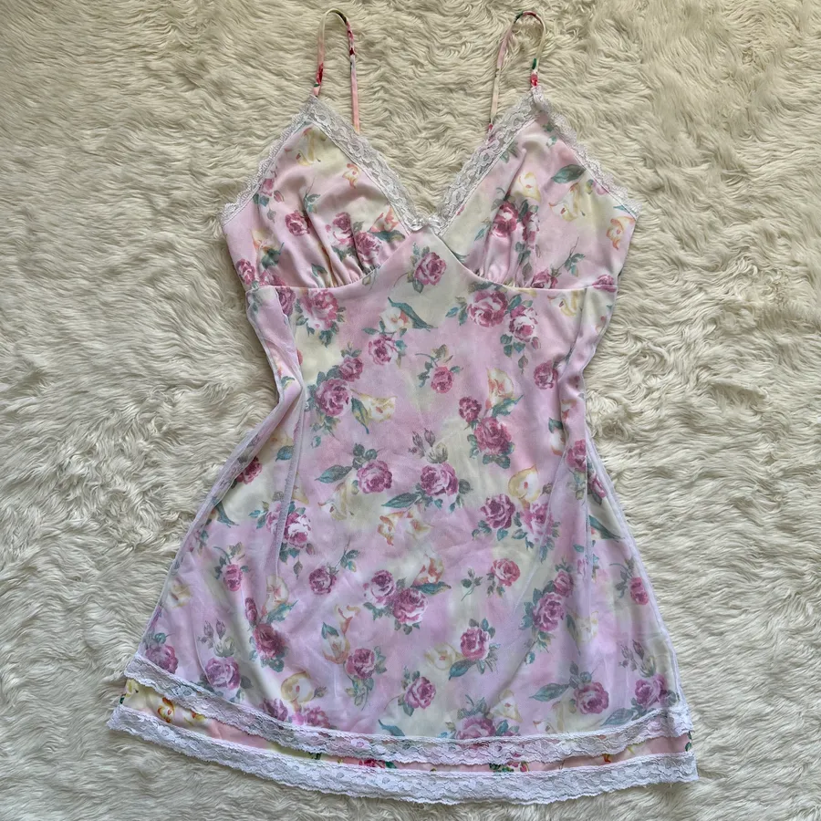 Pucker Up Slip Nightgown Sleepwear Vintage Floral Lace Pink L Size L