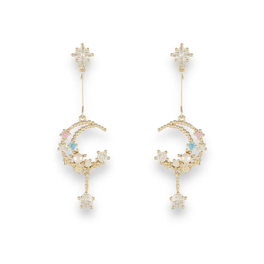 Elegant CZ Moon Dangle Drop Earrings for Women Gold
