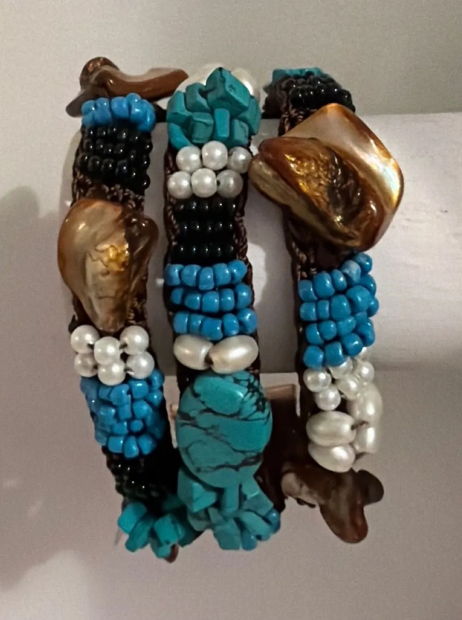 Boho Turquoise Mother of Pearl Beaded Macrame Cuff Bracelet Blue Brown India