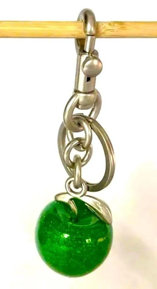 Green Apple Charm Keychain Silver and Green